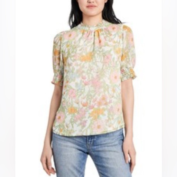 Vince Camuto Tops - Vince Camuto Multicolor Pastel Floral Smocked Neck Sleeve Blouse, Size XL